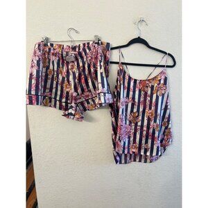 Floral Stripe Satin Pajama Set For Women size XL Cami Top & Elastic Waist Shorts